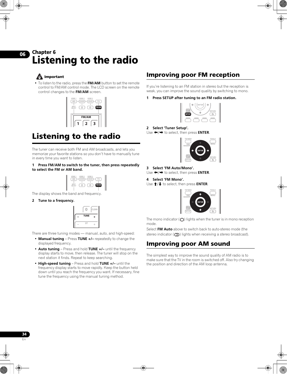Listening to the radio, Improving poor fm reception, Improving poor am sound | Chapter 6 | Pioneer LX01BD User Manual | Page 34 / 116