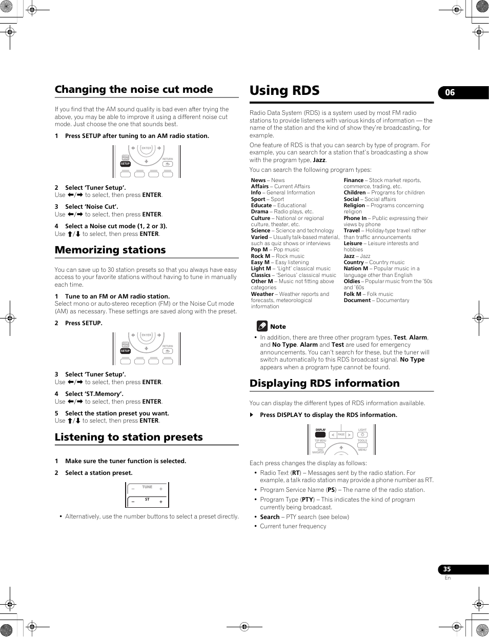 Using rds, Changing the noise cut mode, Listening to station presets | Displaying rds information | Pioneer LX01BD User Manual | Page 35 / 116