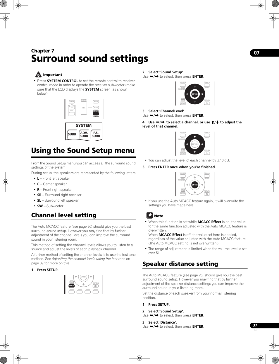 Surround sound settings, Using the sound setup menu, Channel level setting | Speaker distance setting, 07 chapter 7, System | Pioneer LX01BD User Manual | Page 37 / 116