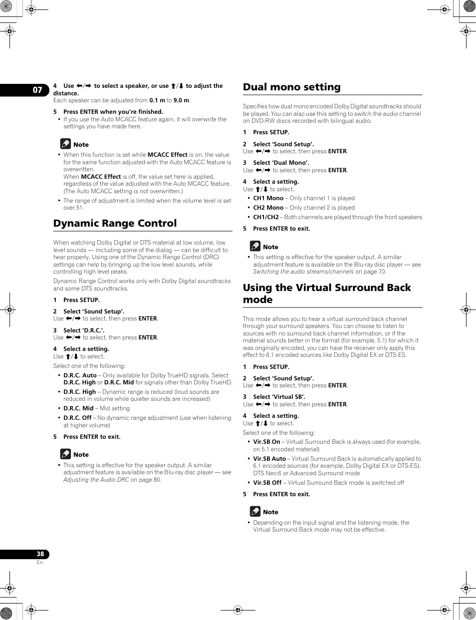 Dynamic range control, Dual mono setting, Using the virtual surround back mode | Pioneer LX01BD User Manual | Page 38 / 116