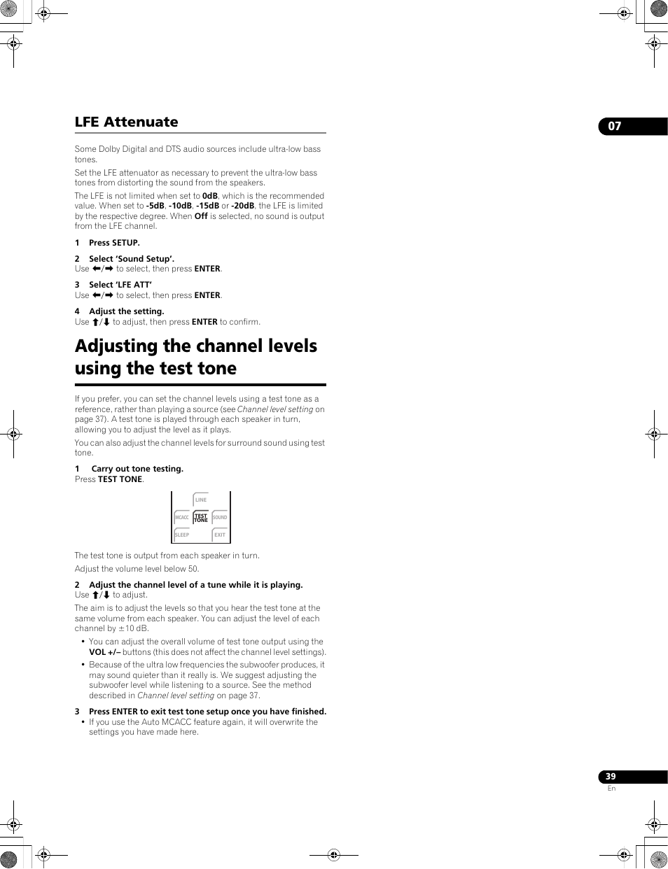 Adjusting the channel levels using the test tone, Lfe attenuate | Pioneer LX01BD User Manual | Page 39 / 116
