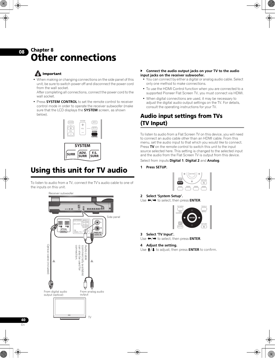 Other connections, Using this unit for tv audio, Audio input settings from tvs (tv input) | Chapter 8, System | Pioneer LX01BD User Manual | Page 40 / 116