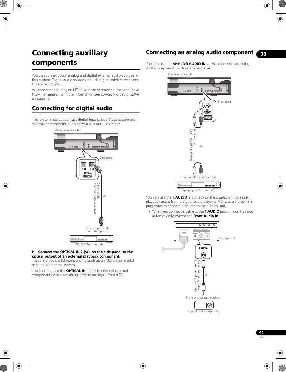 Connecting auxiliary components, Connecting for digital audio, Connecting an analog audio component | Pioneer LX01BD User Manual | Page 41 / 116