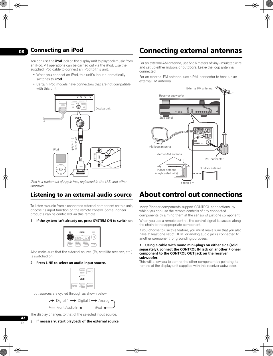 Connecting external antennas, About control out connections, Connecting an ipod | Listening to an external audio source, Menu | Pioneer LX01BD User Manual | Page 42 / 116
