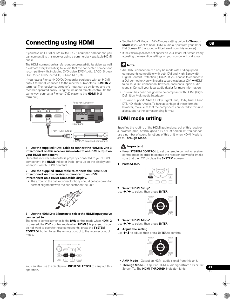 Connecting using hdmi, Hdmi mode setting | Pioneer LX01BD User Manual | Page 43 / 116