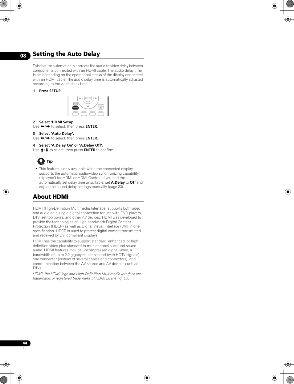 Setting the auto delay, About hdmi | Pioneer LX01BD User Manual | Page 44 / 116