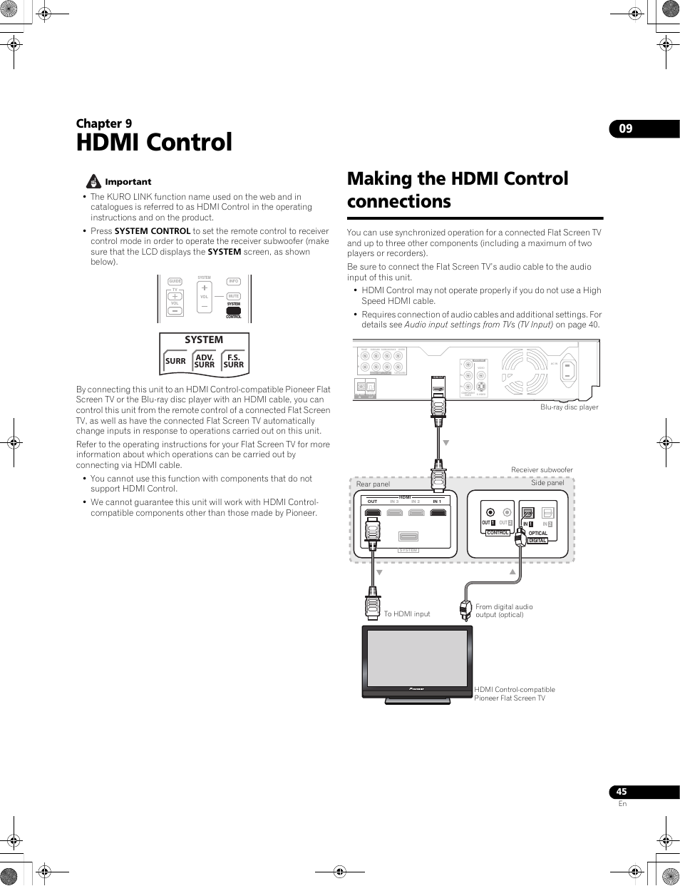 Making the hdmi control connections, Hdmi control, 09 chapter 9 | System | Pioneer LX01BD User Manual | Page 45 / 116