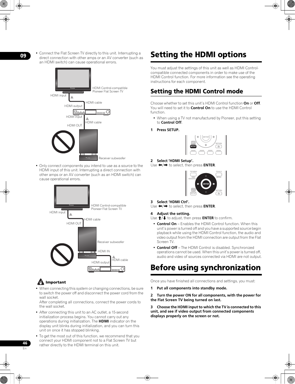 Setting the hdmi options, Setting the hdmi control mode, Before using synchronization | Pioneer LX01BD User Manual | Page 46 / 116