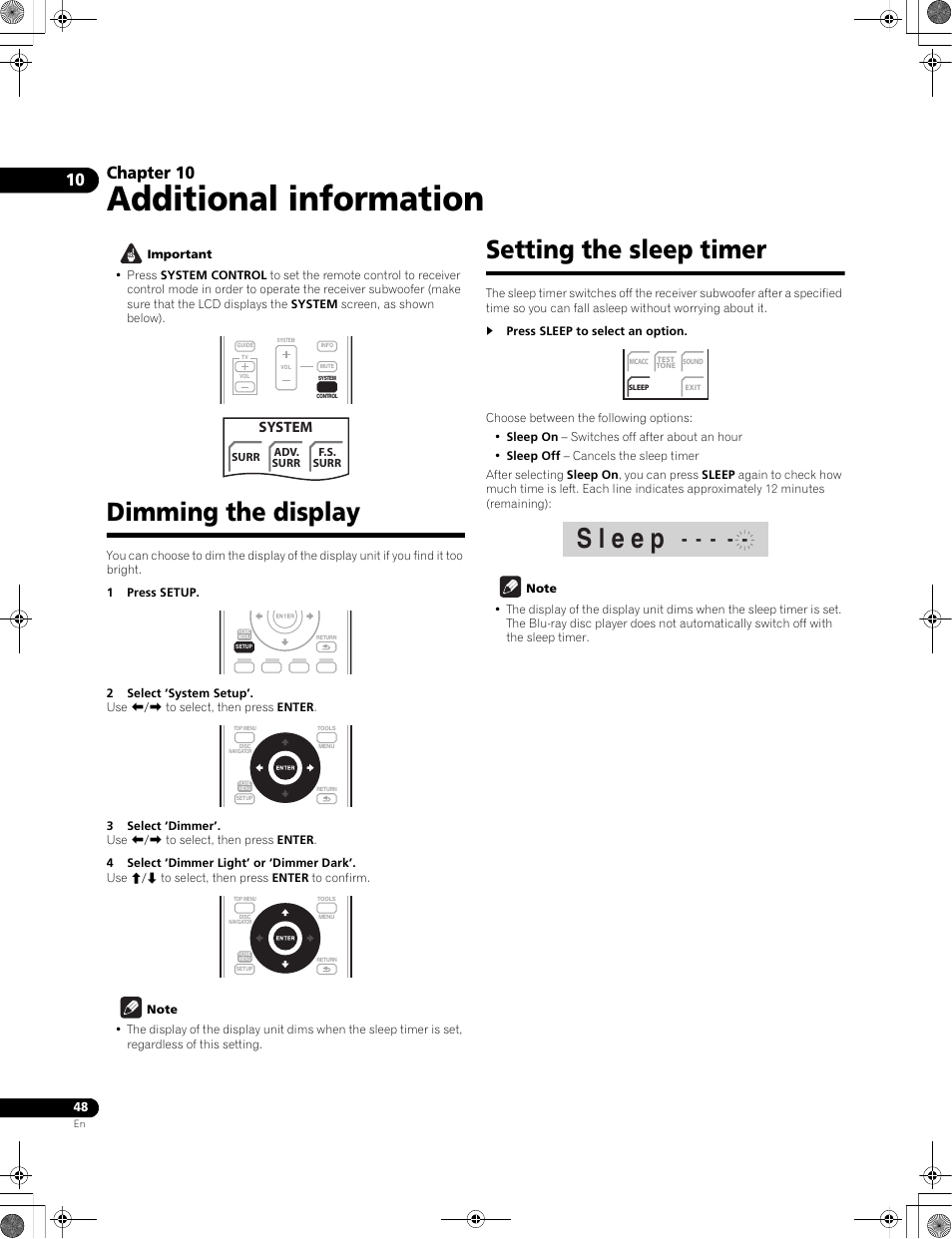 Dimming the display setting the sleep timer, Additional information, Dimming the display | Setting the sleep timer, Chapter 10, System | Pioneer LX01BD User Manual | Page 48 / 116