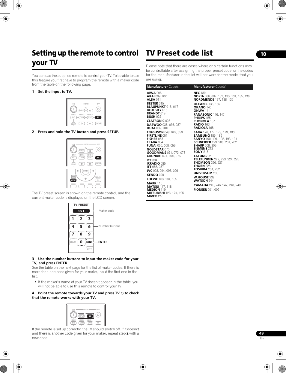 Setting up the remote to control your tv, Tv preset code list | Pioneer LX01BD User Manual | Page 49 / 116