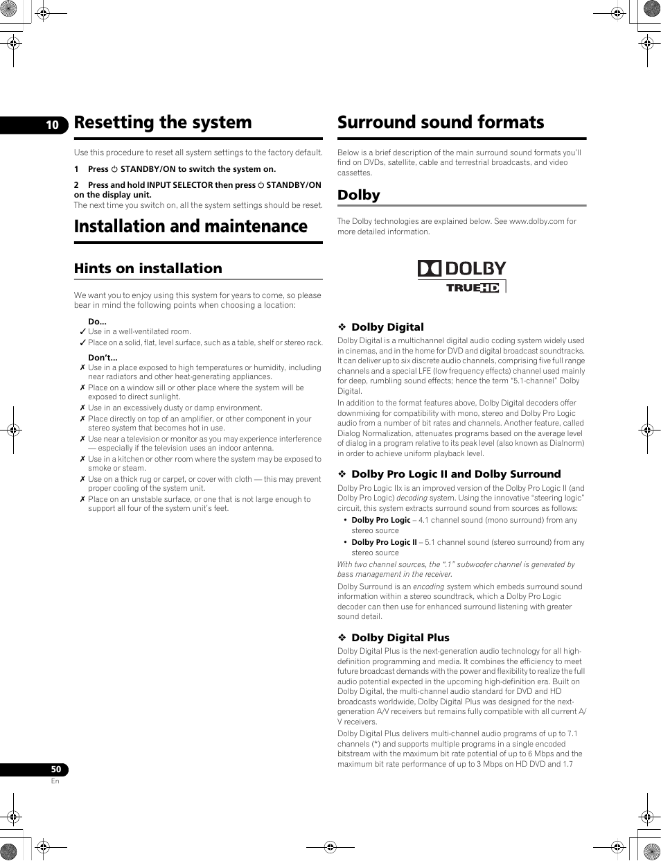 Resetting the system installation and maintenance, Hints on installation, Surround sound formats | Dolby, Resetting the system, Installation and maintenance | Pioneer LX01BD User Manual | Page 50 / 116