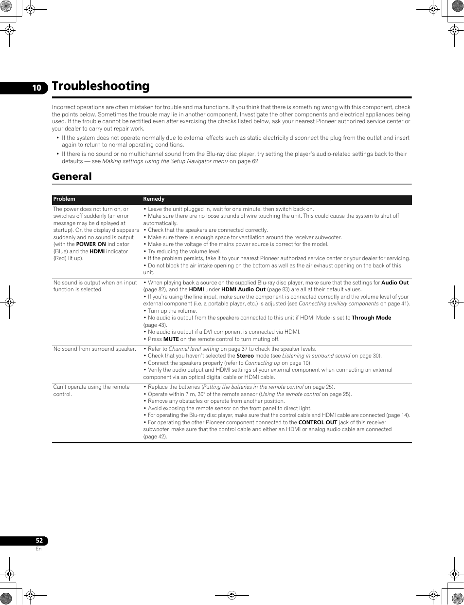 Troubleshooting, General | Pioneer LX01BD User Manual | Page 52 / 116