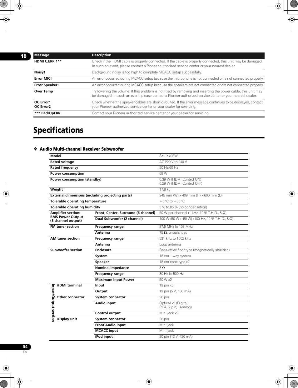 Specifications, Audio multi-channel receiver subwoofer | Pioneer LX01BD User Manual | Page 54 / 116