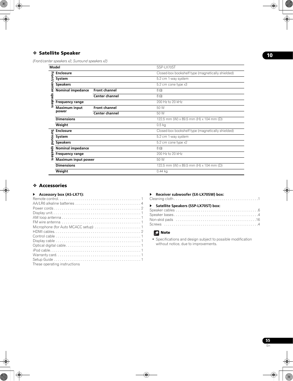 Satellite speaker, Accessories | Pioneer LX01BD User Manual | Page 55 / 116