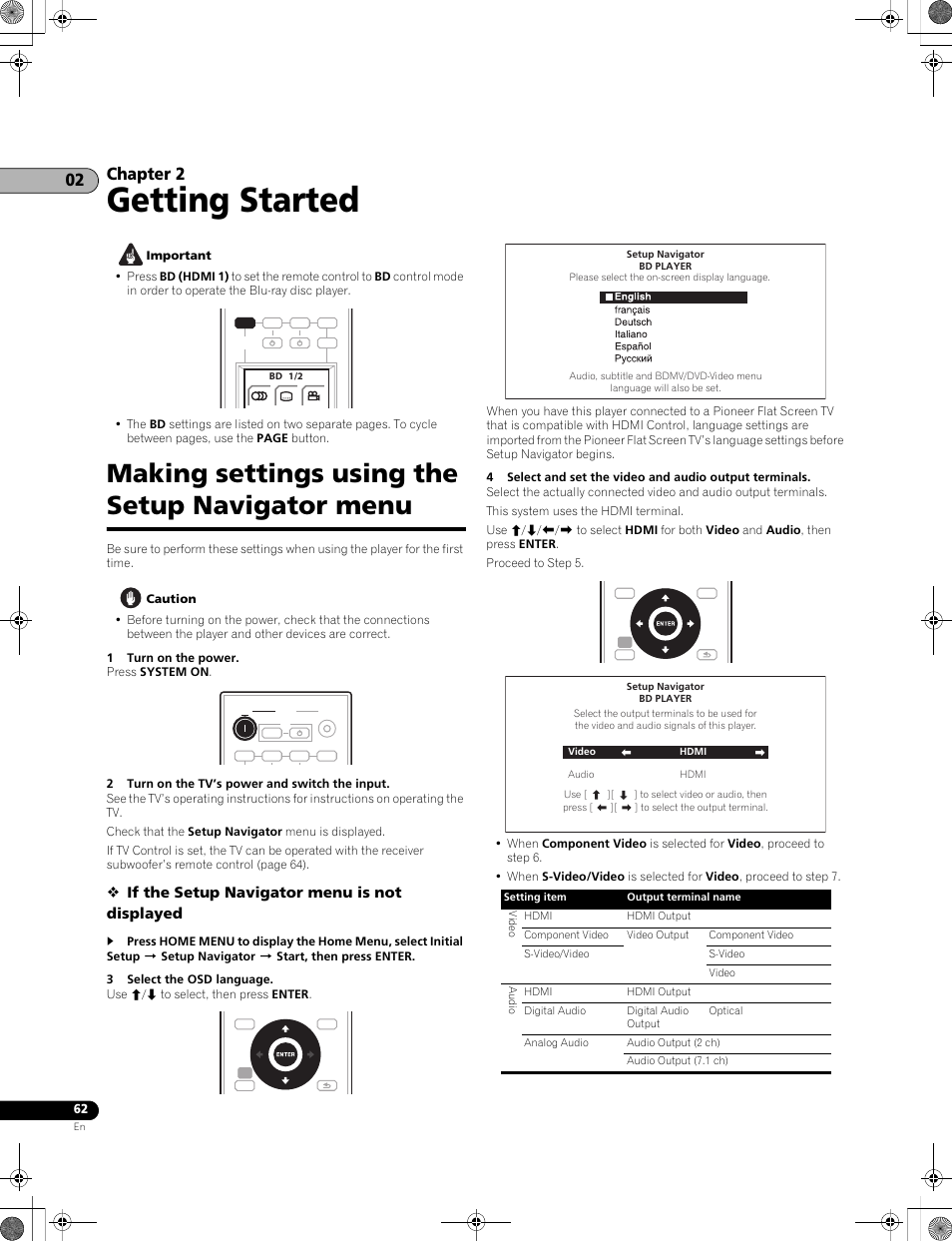 Making settings using the setup navigator menu, Getting started, Chapter 2 | If the setup navigator menu is not displayed | Pioneer LX01BD User Manual | Page 62 / 116