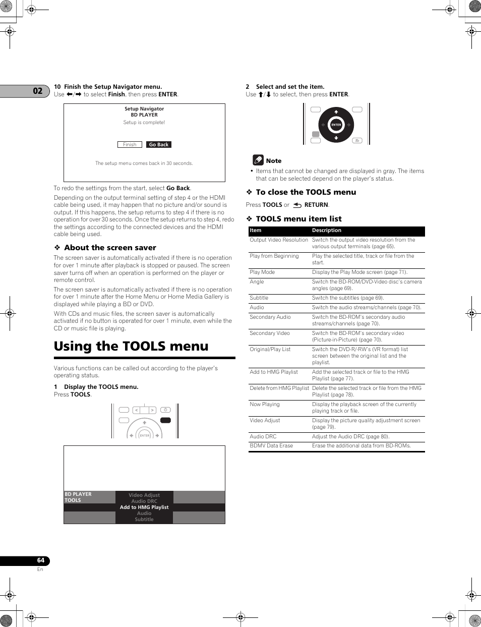 Using the tools menu, About the screen saver, Tools menu item list | Pioneer LX01BD User Manual | Page 64 / 116