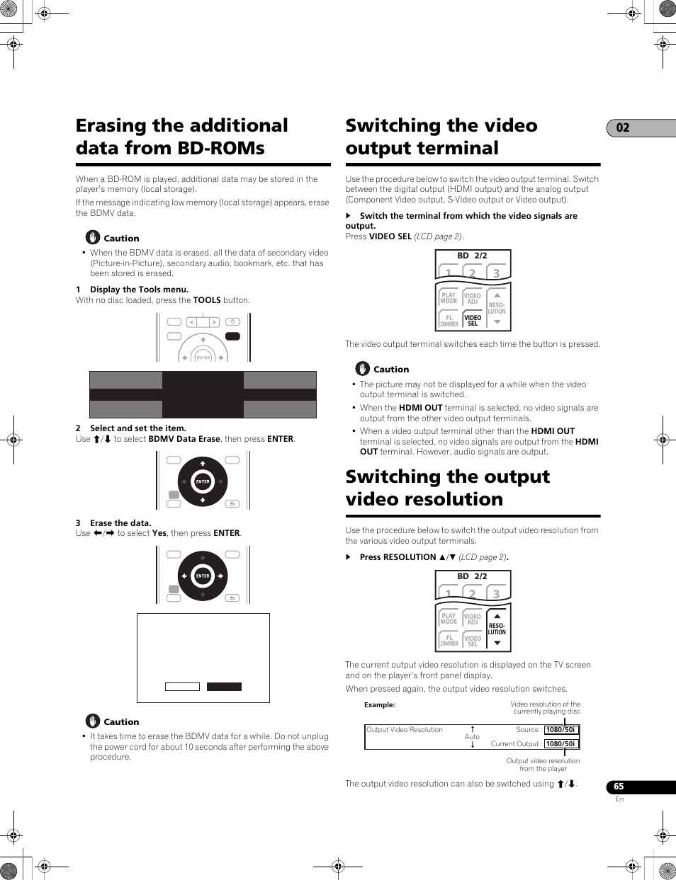 Erasing the additional data from bd-roms, Switching the video output terminal, Switching the output video resolution | Pioneer LX01BD User Manual | Page 65 / 116