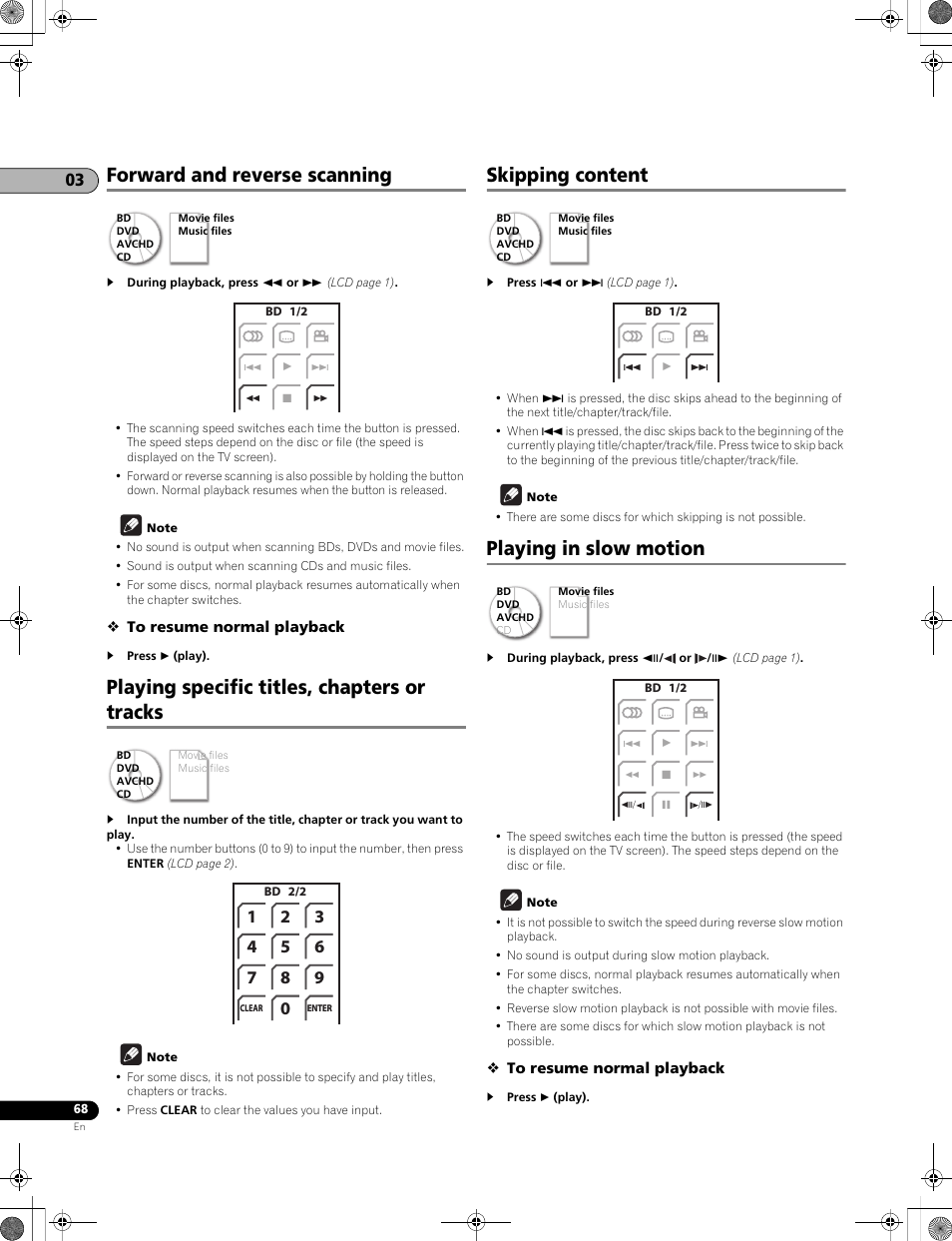 Forward and reverse scanning, Playing specific titles, chapters or tracks, Skipping content | Playing in slow motion | Pioneer LX01BD User Manual | Page 68 / 116