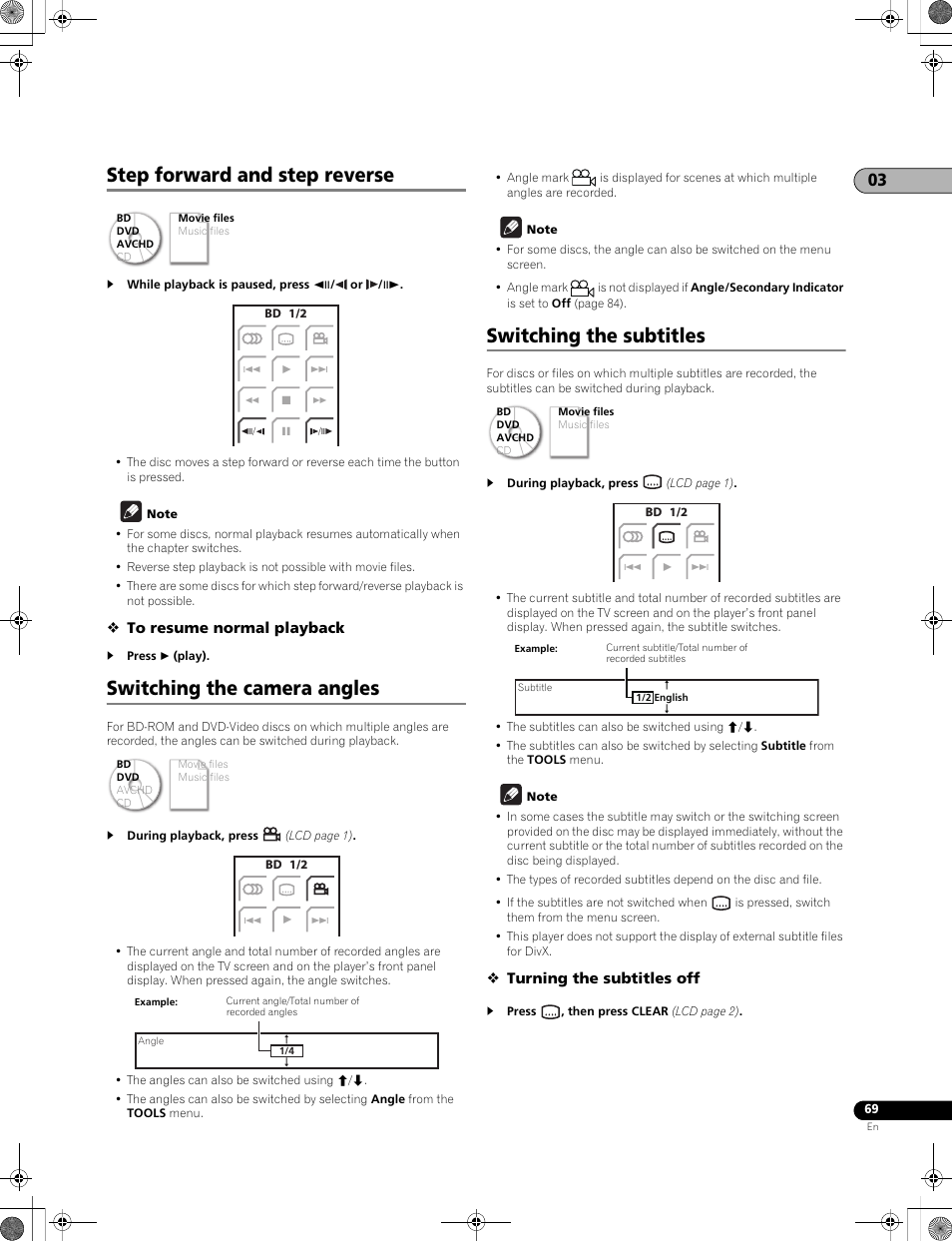 Step forward and step reverse, Switching the camera angles, Switching the subtitles | Turning the subtitles off | Pioneer LX01BD User Manual | Page 69 / 116