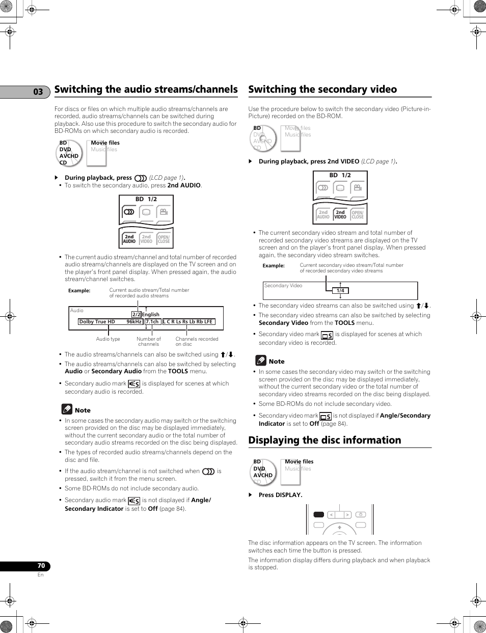 Switching the audio streams/channels, Switching the secondary video, Displaying the disc information | Pioneer LX01BD User Manual | Page 70 / 116