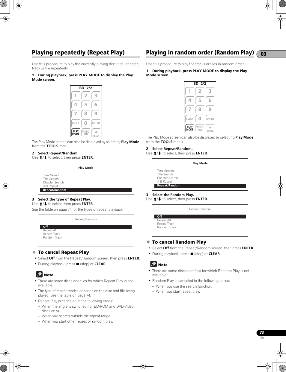 Playing repeatedly (repeat play), Playing in random order (random play) | Pioneer LX01BD User Manual | Page 73 / 116