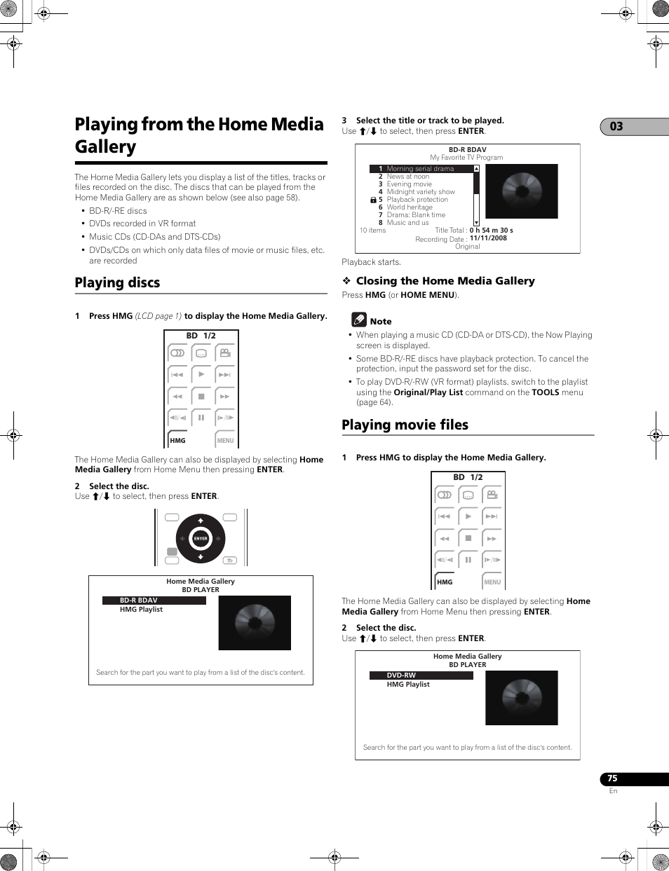 Playing from the home media gallery, Playing discs playing movie files, Playing discs | Playing movie files, Closing the home media gallery | Pioneer LX01BD User Manual | Page 75 / 116