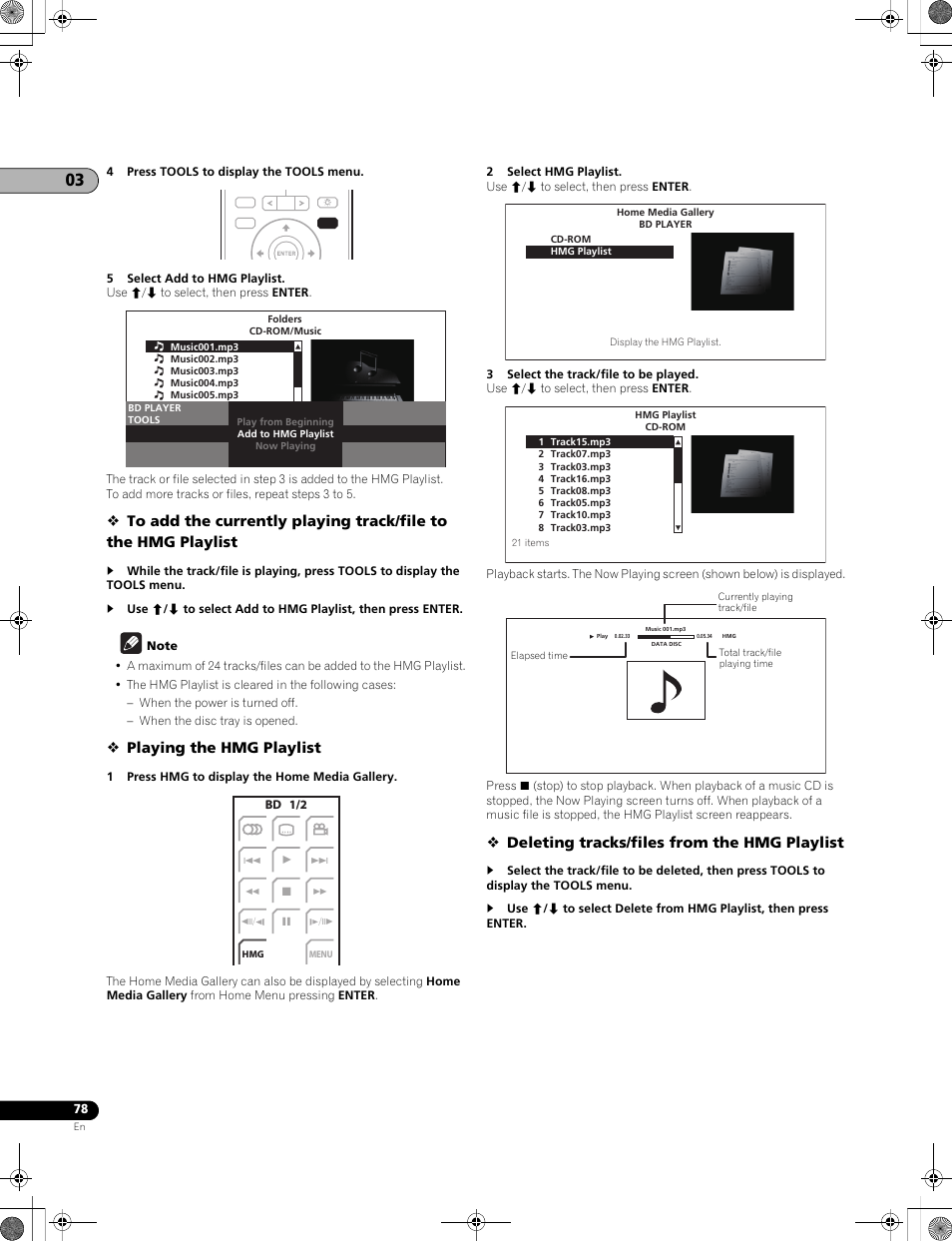 Playing the hmg playlist, Deleting tracks/files from the hmg playlist | Pioneer LX01BD User Manual | Page 78 / 116