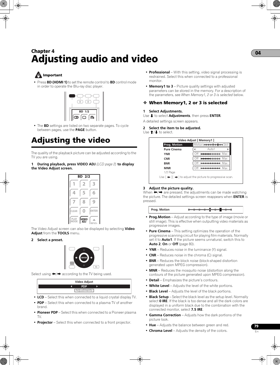 Adjusting the video, Adjusting audio and video, 04 chapter 4 | Pioneer LX01BD User Manual | Page 79 / 116