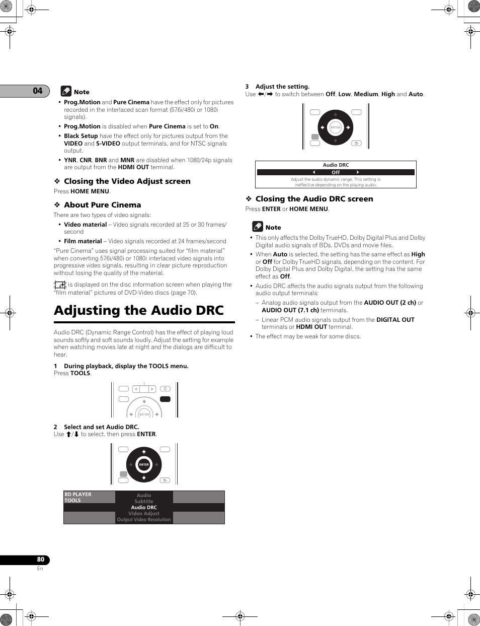 Adjusting the audio drc, Closing the video adjust screen, About pure cinema | Closing the audio drc screen | Pioneer LX01BD User Manual | Page 80 / 116