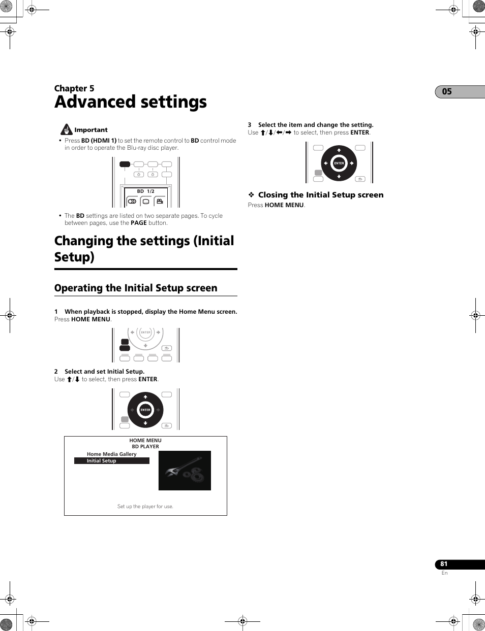 Changing the settings (initial setup), Operating the initial setup screen, Advanced settings | 05 chapter 5, Closing the initial setup screen | Pioneer LX01BD User Manual | Page 81 / 116