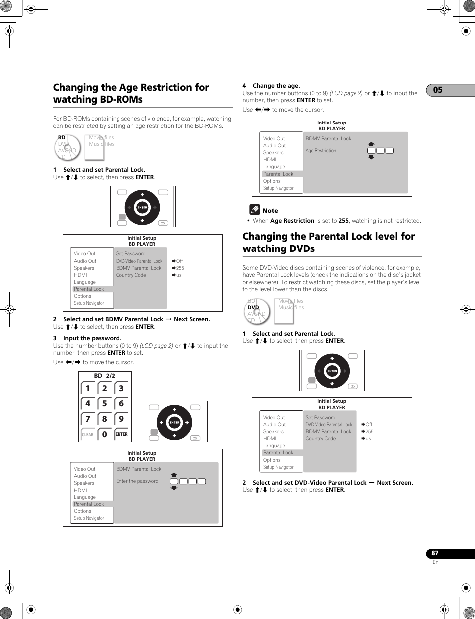 Changing the age restriction for watching bd-roms, Changing the parental lock level for watching dvds | Pioneer LX01BD User Manual | Page 87 / 116