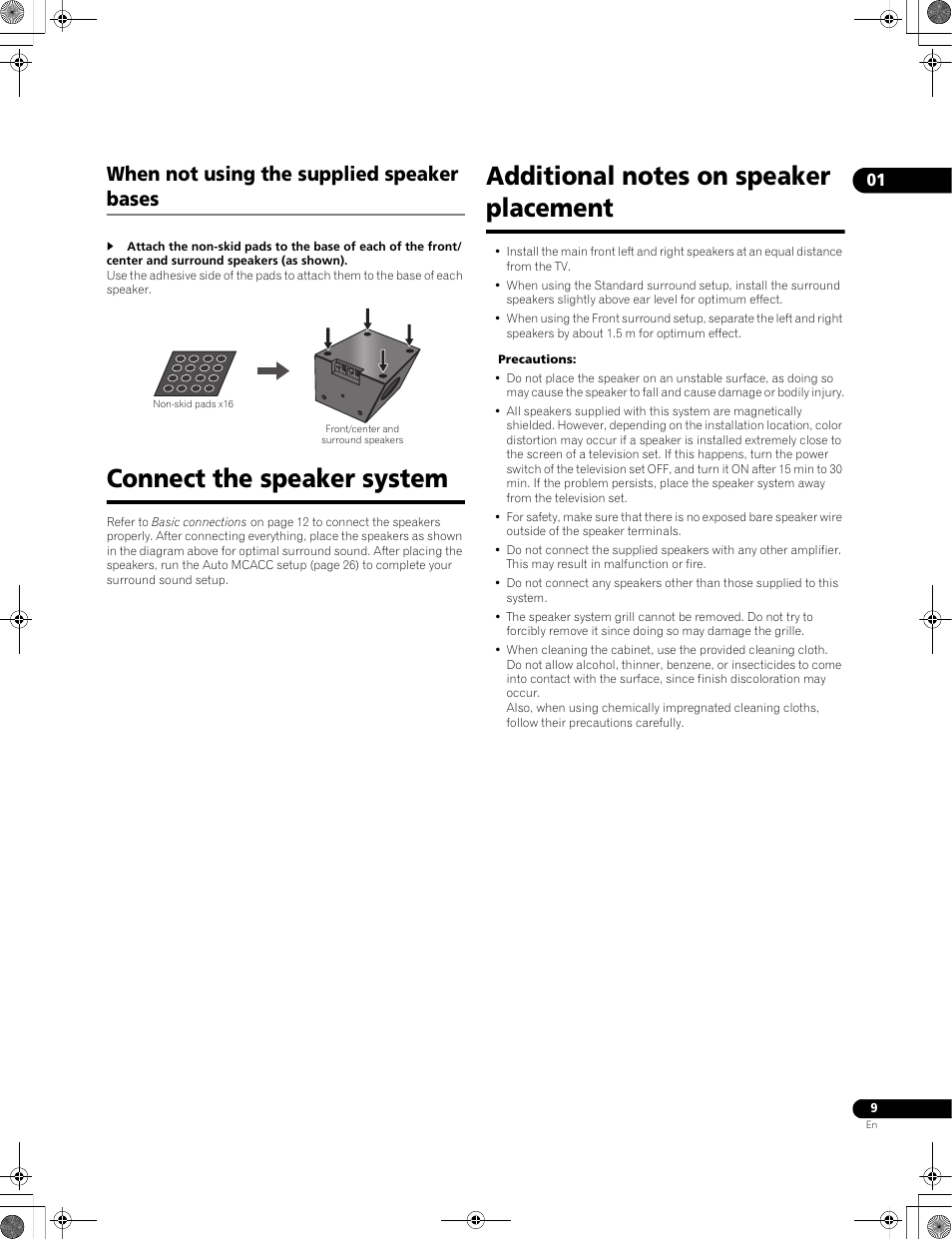 Connect the speaker system, When not using the supplied speaker bases | Pioneer LX01BD User Manual | Page 9 / 116