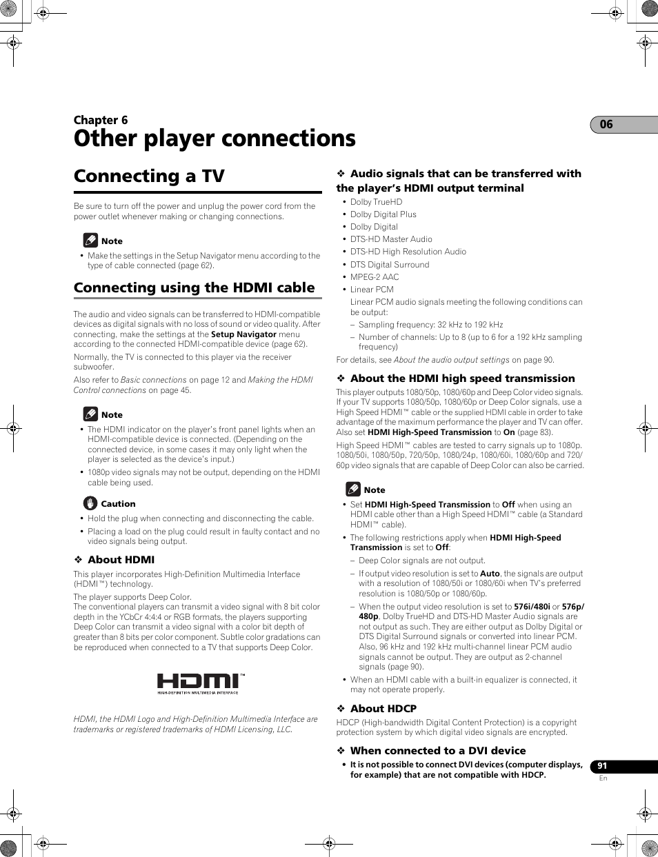 Connecting a tv, Connecting using the hdmi cable, Other player connections | 06 chapter 6 | Pioneer LX01BD User Manual | Page 91 / 116