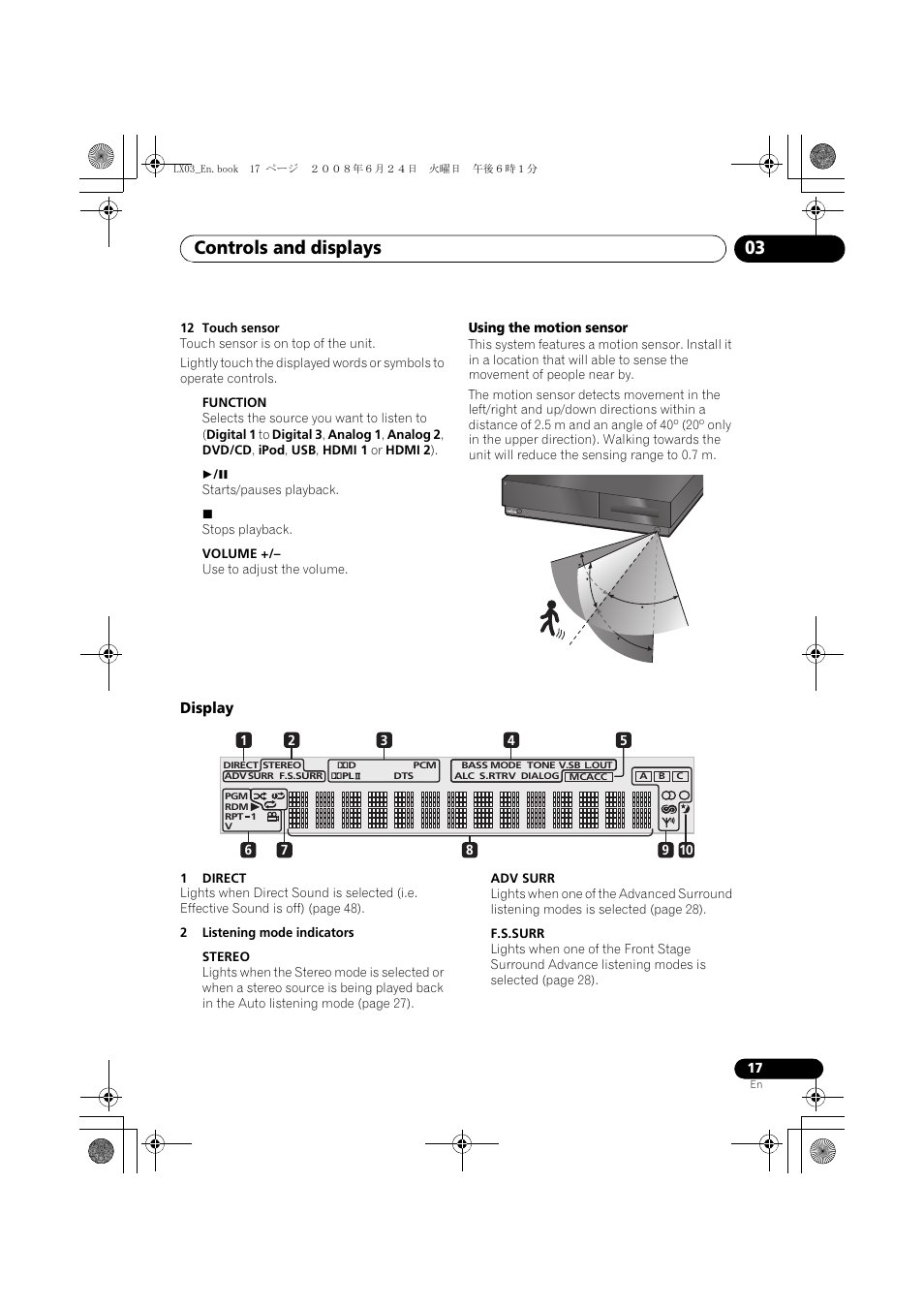 Display, Controls and displays 03 | Pioneer LX03 User Manual | Page 17 / 88