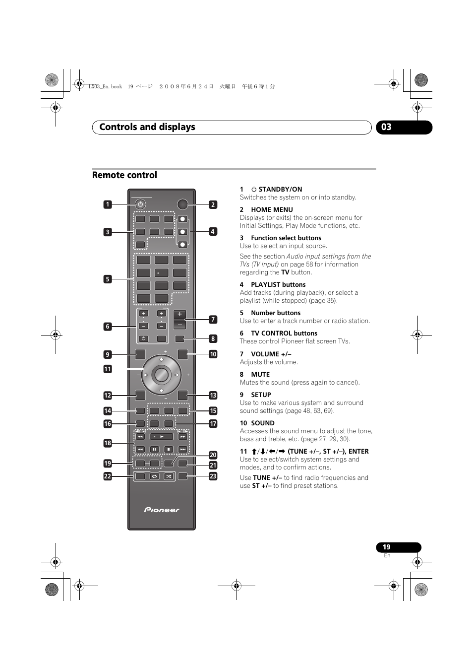 Remote control, Controls and displays 03 | Pioneer LX03 User Manual | Page 19 / 88