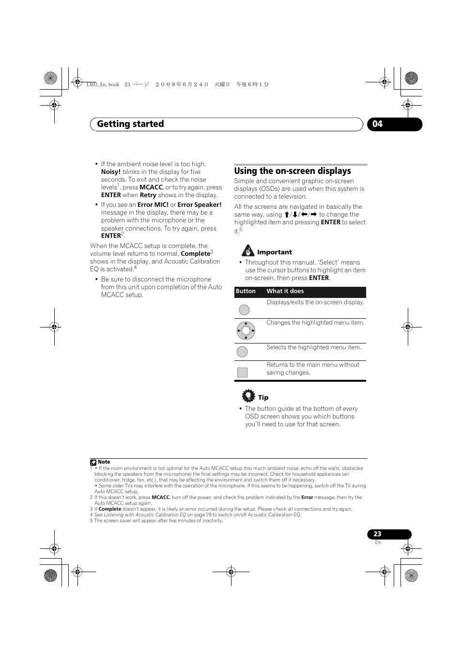 Using the on-screen displays, Getting started 04 | Pioneer LX03 User Manual | Page 23 / 88