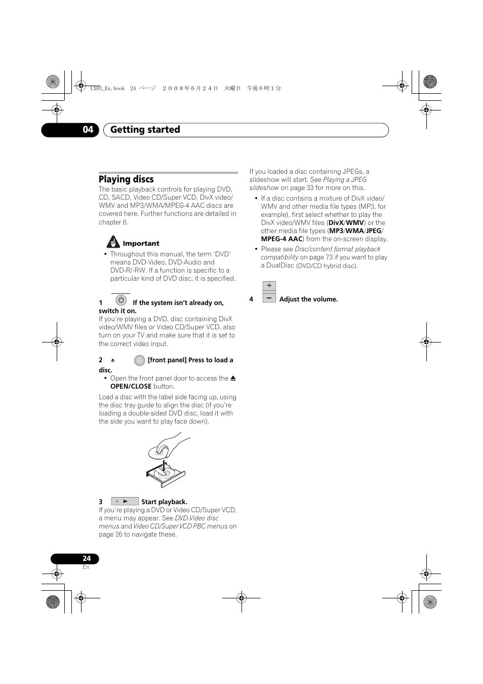 Playing discs, Getting started 04 | Pioneer LX03 User Manual | Page 24 / 88