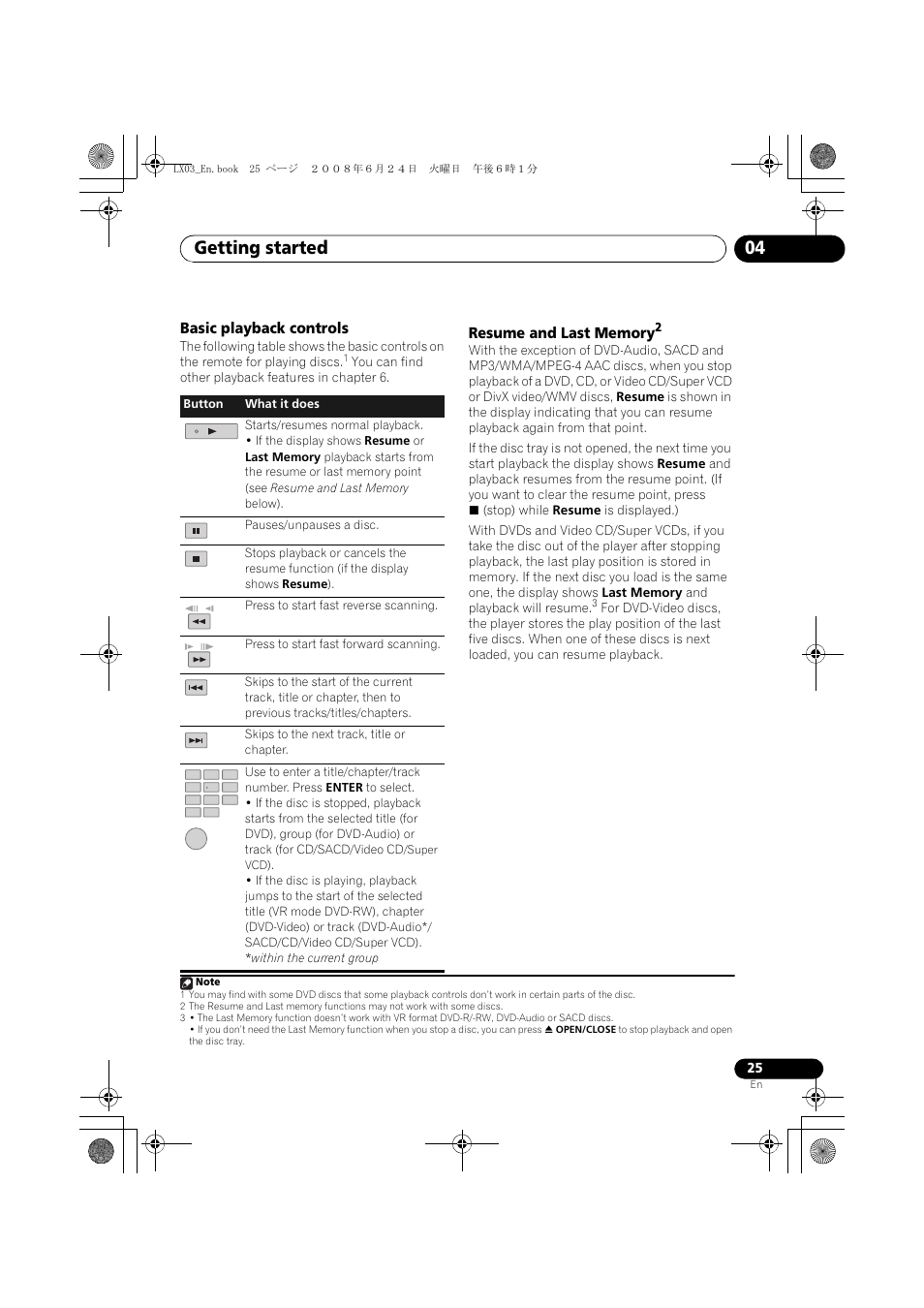 Basic playback controls resume and last memory, Getting started 04 | Pioneer LX03 User Manual | Page 25 / 88