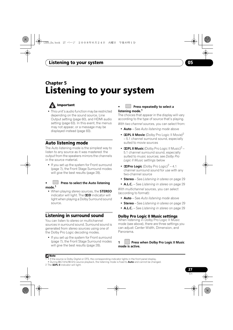 Auto listening mode listening in surround sound, Dolby pro logic ii music settings, Listening to your system | Listening to your system 05, Chapter 5, Auto listening mode, Listening in surround sound | Pioneer LX03 User Manual | Page 27 / 88