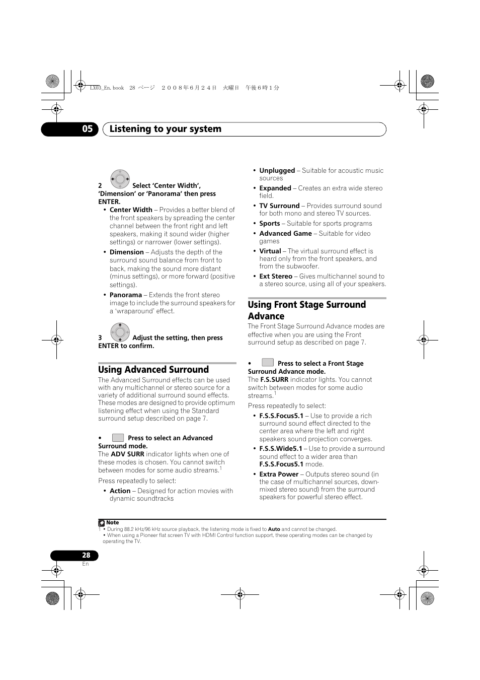 Listening to your system 05, Using advanced surround, Using front stage surround advance | Pioneer LX03 User Manual | Page 28 / 88