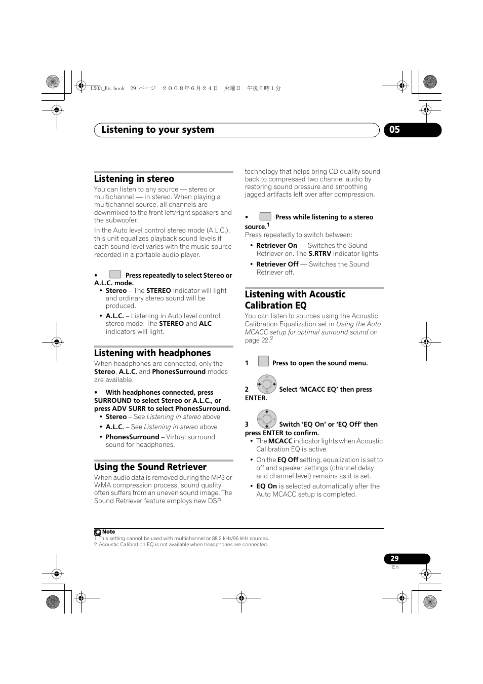 Listening to your system 05, Listening in stereo, Listening with headphones | Using the sound retriever, Listening with acoustic calibration eq | Pioneer LX03 User Manual | Page 29 / 88