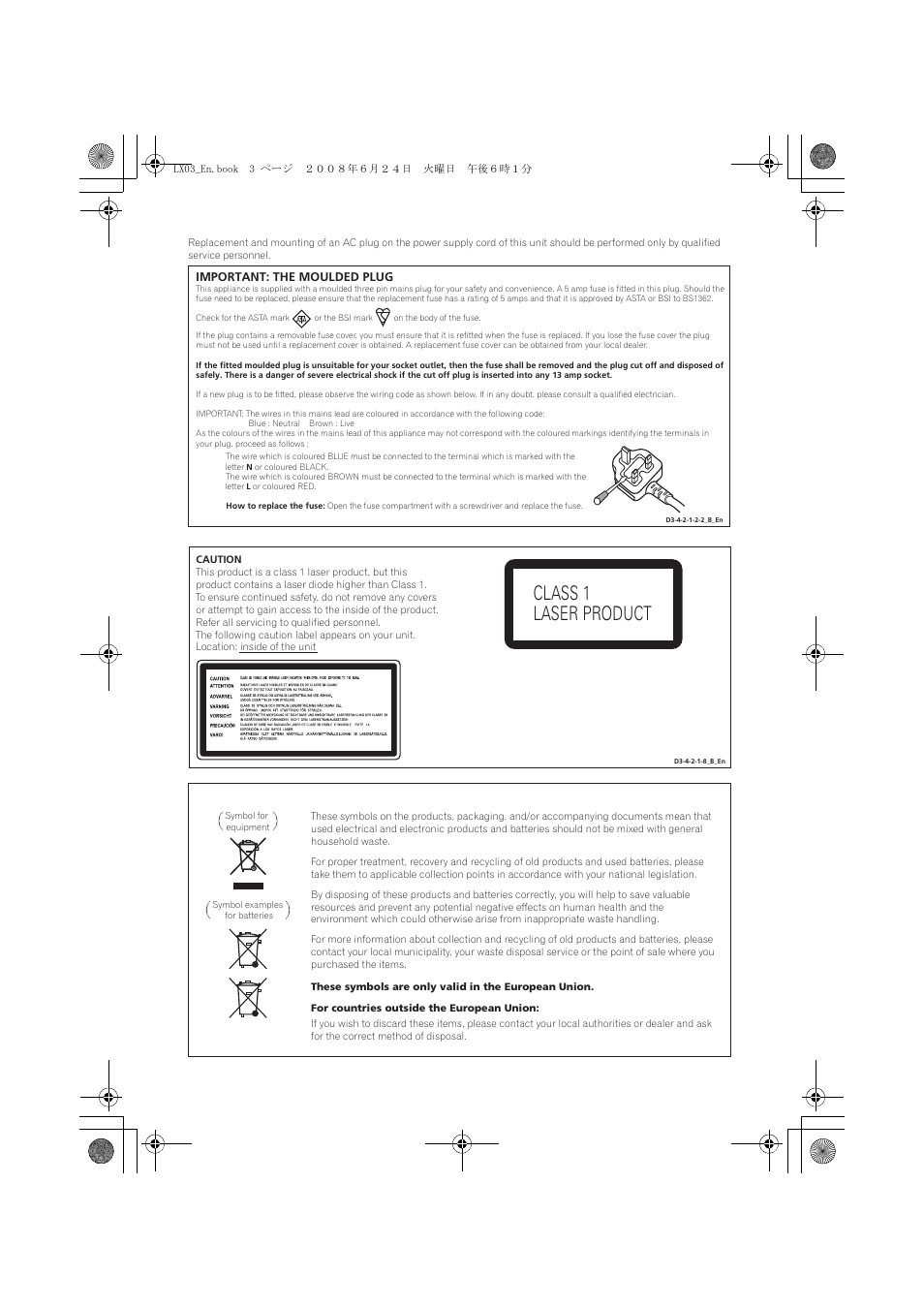 Class 1 laser product | Pioneer LX03 User Manual | Page 3 / 88