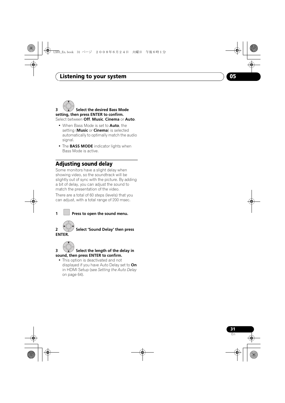 Adjusting sound delay, Listening to your system 05 | Pioneer LX03 User Manual | Page 31 / 88