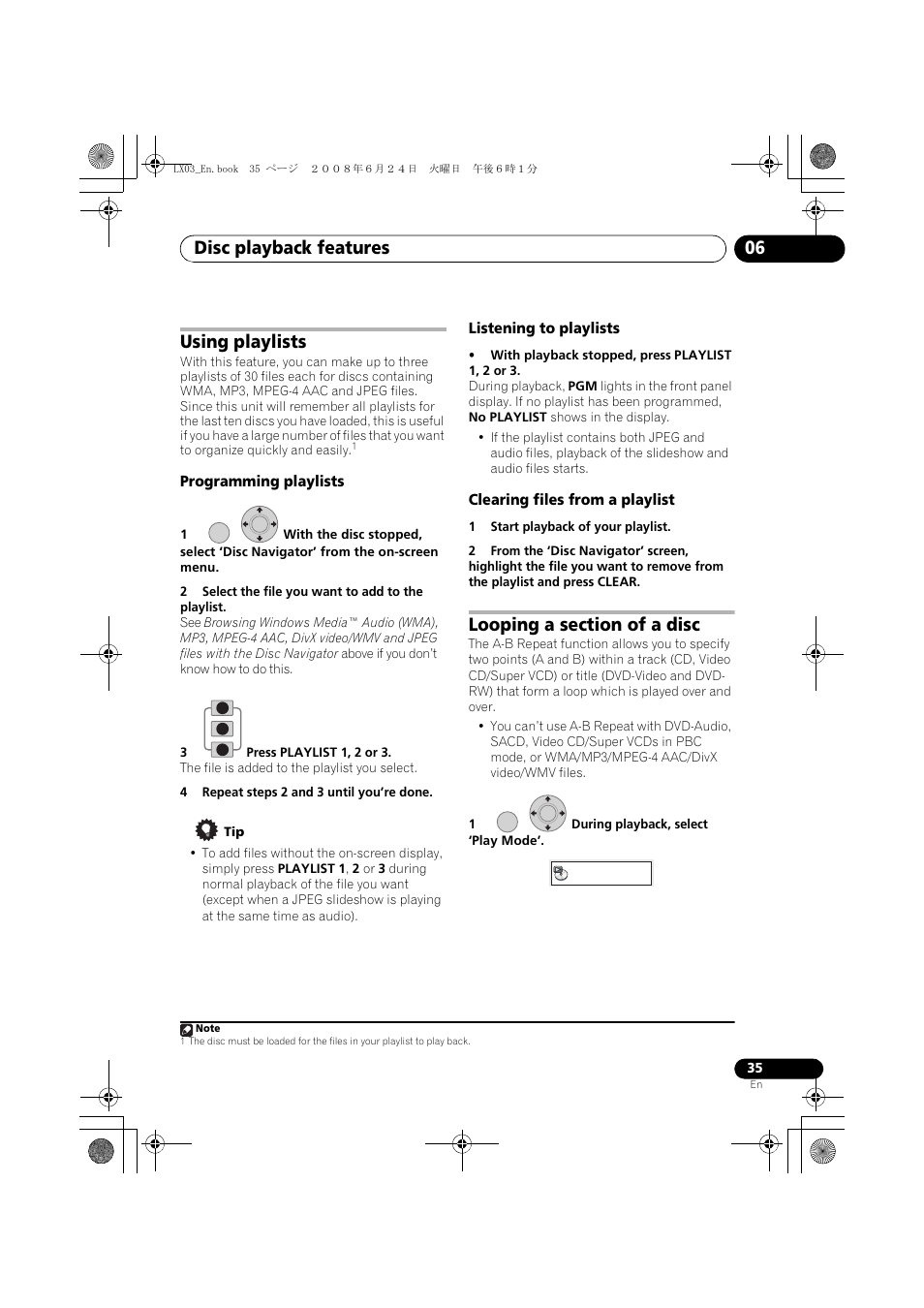 Using playlists, Looping a section of a disc, Disc playback features 06 | Pioneer LX03 User Manual | Page 35 / 88