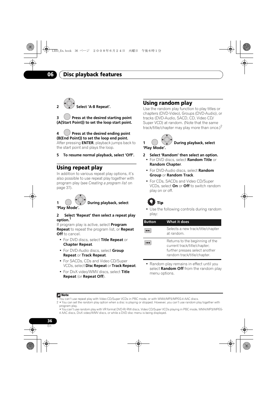 Using repeat play using random play, Disc playback features 06, Using repeat play | Using random play | Pioneer LX03 User Manual | Page 36 / 88