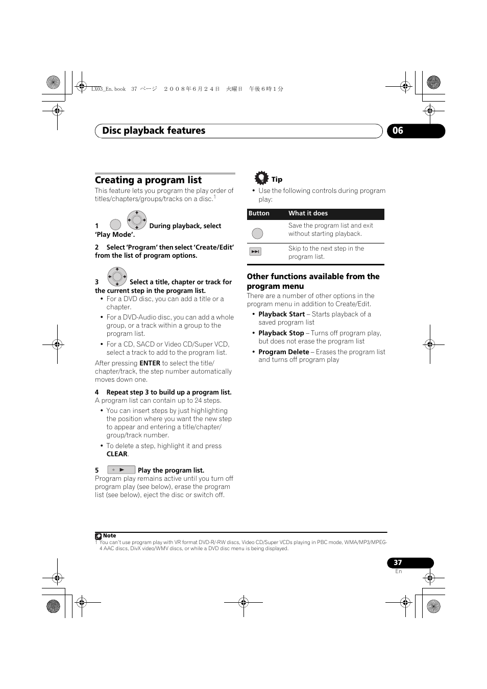 Creating a program list, Other functions available from the program menu, Disc playback features 06 | Pioneer LX03 User Manual | Page 37 / 88