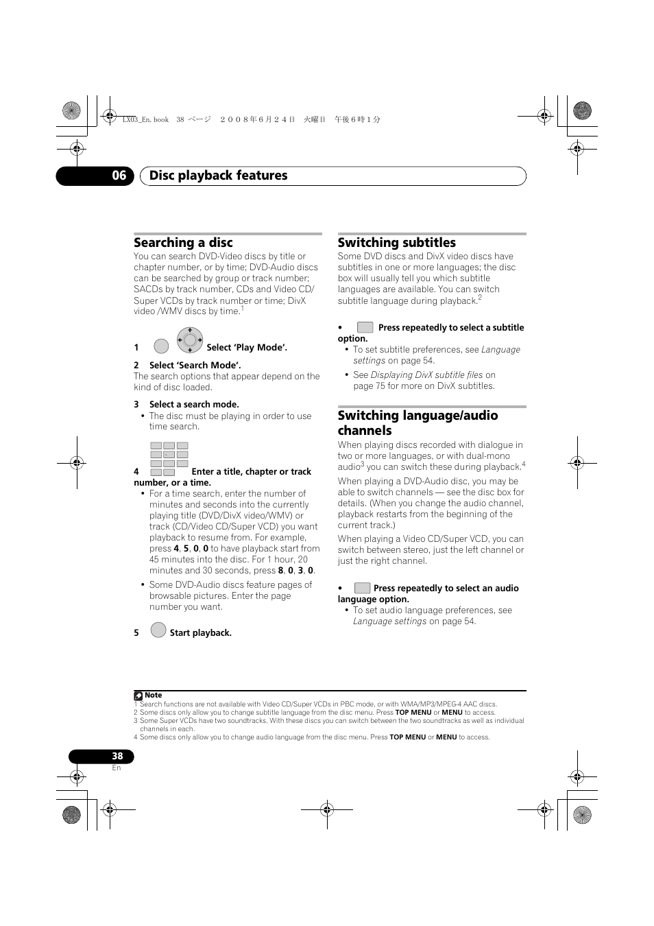 Disc playback features 06, Searching a disc, Switching subtitles | Switching language/audio channels | Pioneer LX03 User Manual | Page 38 / 88
