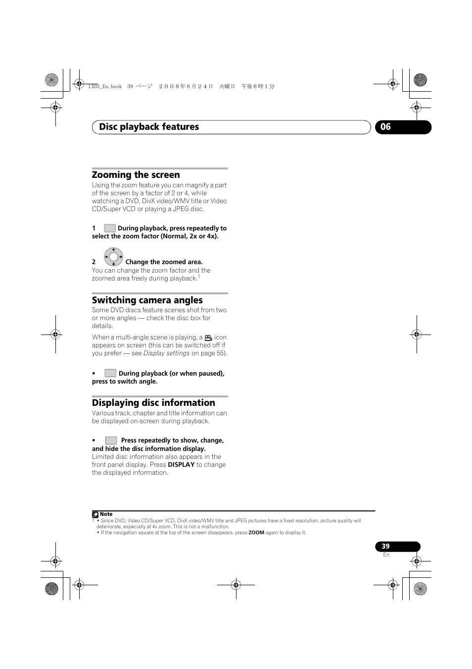Disc playback features 06, Zooming the screen, Switching camera angles | Displaying disc information | Pioneer LX03 User Manual | Page 39 / 88