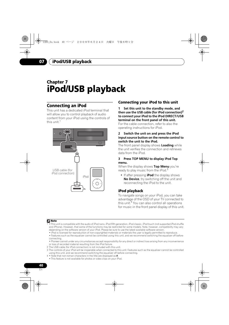 Connecting an ipod, Connecting your ipod to this unit ipod playback, Ipod/usb playback | Ipod/usb playback 07, Chapter 7, Connecting your ipod to this unit, Ipod playback | Pioneer LX03 User Manual | Page 40 / 88