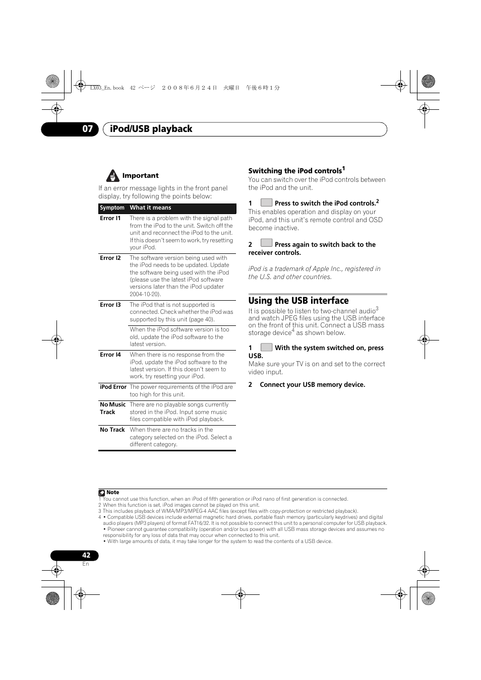 Using the usb interface, Ipod/usb playback 07 | Pioneer LX03 User Manual | Page 42 / 88